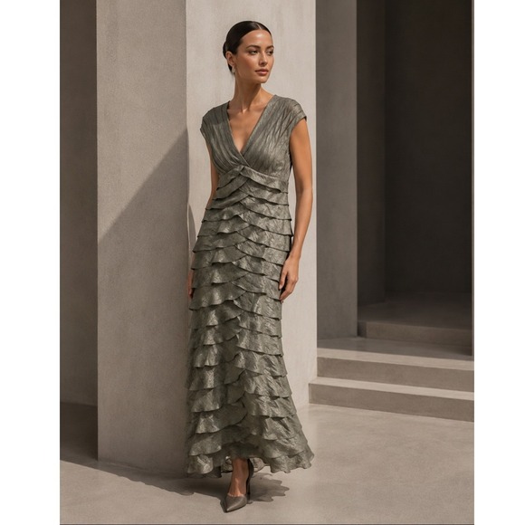 Adrianna Papell Dresses & Skirts - Adrianna Papell Gown Women 14 SAGE Tiered Ruffle V-Neck Formal MAXI‎ Dress